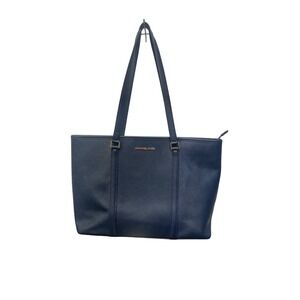 Michael Kors Navy Blue Saffiano Leather‎ Zip Top Tote Bag Gold Hardware